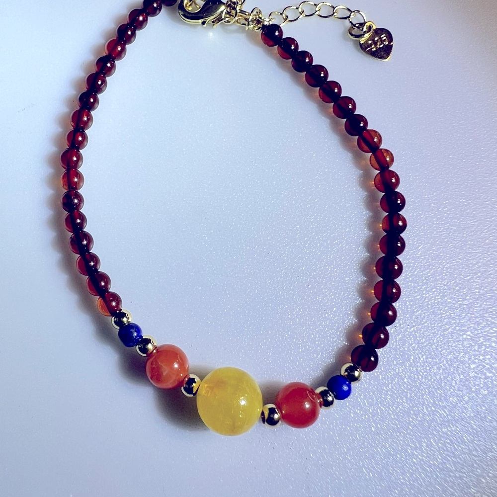 Elegant Multicolor Amber/Lapis Beaded Bracelet 925 Plated Clasp
